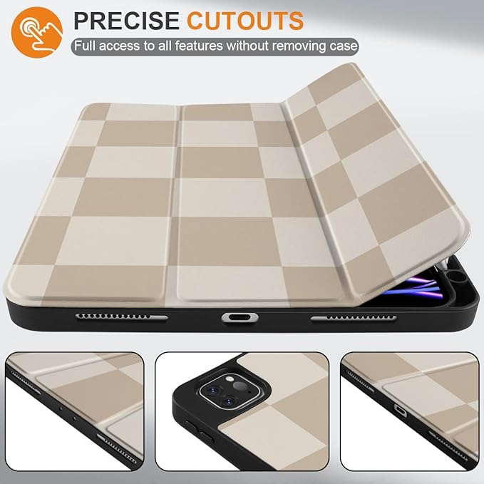 DONGKE Case for iPad Pro 12.9 inch 6th Generation 2022 Built-in Pencil Holder + Trifold Stand + Auto Wake/Sleep + Protective Cover for iPad Pro 12.9 5th/4th/3rd Gen- Beige Chessboard