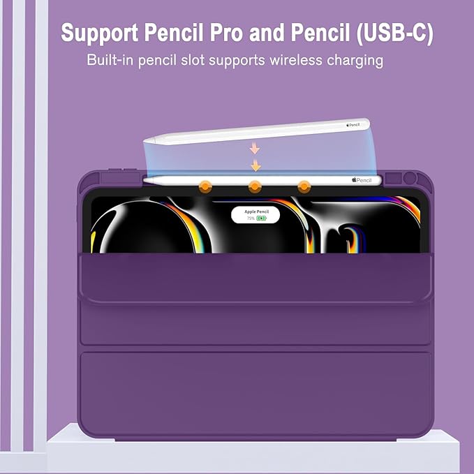 ZryXal New iPad Pro 13 Inch Case (M5) 2025 / (M4) 2024 with Pencil Holder Smart iPad Case [Support Pencil Pro and Pencil (USB-C)] Support Touch ID and Auto Wake/Sleep (New Dark Purple)