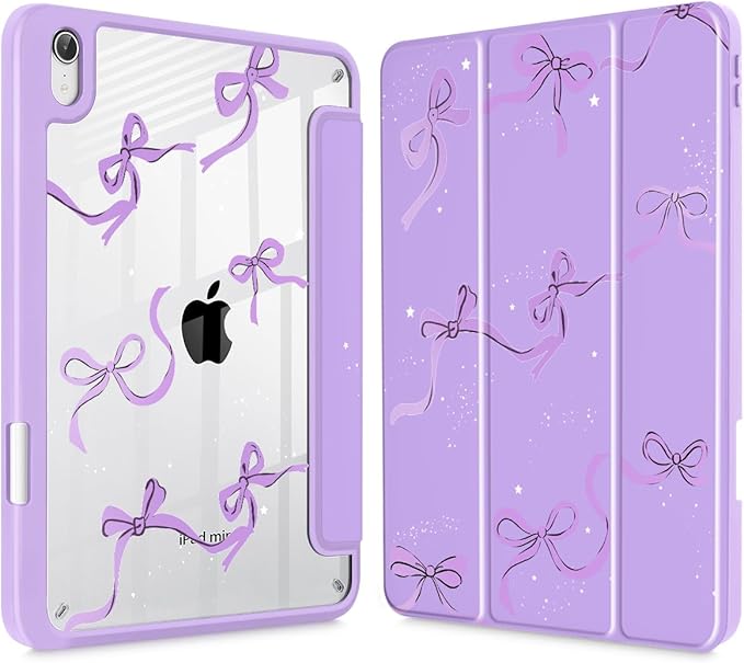 May Chen Slim Case for iPad mini 7 (A17 Pro 7th Generation) 2024 / iPad mini 6 (6th Gen) 8.3 Inch [Built-in Pencil Holder] Shockproof Cover Clear Clear Back Shell Auto Wake/Sleep Purple Stars Bow