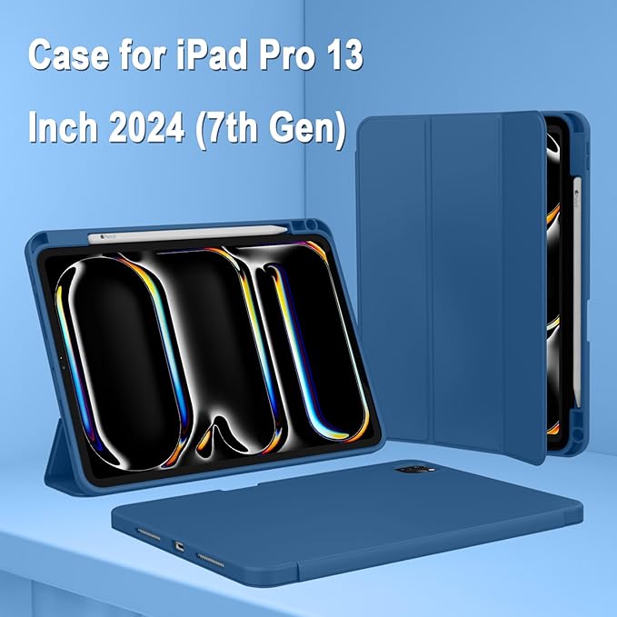 ZryXal New iPad Pro 13 Inch Case (M5) 2025 / (M4) 2024 with Pencil Holder Smart iPad Case [Support Pencil Pro and Pencil (USB-C)] Support Touch ID and Auto Wake/Sleep (New Navy Blue)