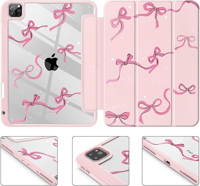 May Chen for iPad Pro 11 inch M2 4th Generation 2022 iPad Pro 11 3rd/2nd/1st Gen Case with Transparent Shockproof Back Cover [Built-in Pencil Holder Auto Sleep/Wake Bows Pink