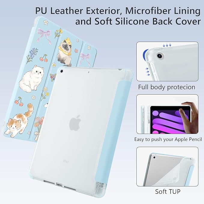 Cue Kawaii Kitten Cat Flower for iPad Pro 13 Inch Case (M5/M4) 2025/2024 with Pencil Holder Auto Sleep/Wake Blue Leather Soft TPU Back Cover