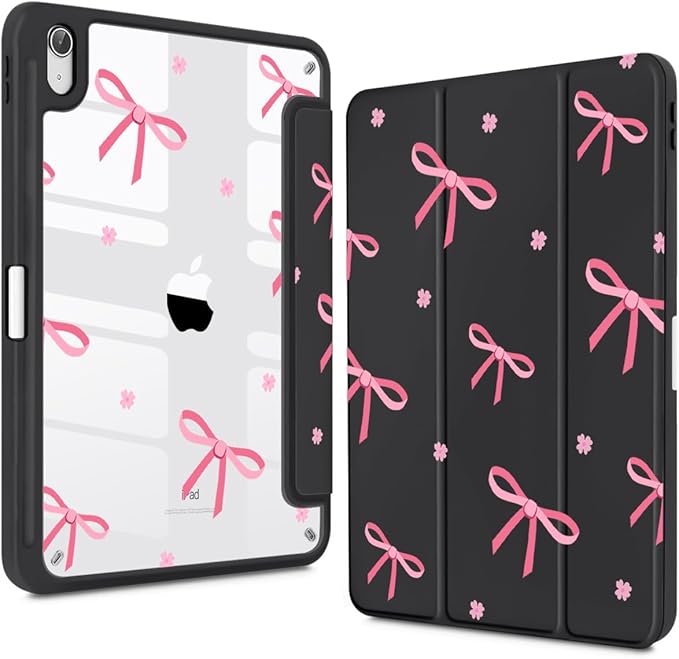 Teryeefi for iPad 11 inch (A16) 2025 11th Gen/iPad 10.9 inch 2022 10th Gen Built in Pencil Holder with Crystal Clear Back Cover Hard Shell with Auto Wake/Sleep &amp Stand Function Black Bows