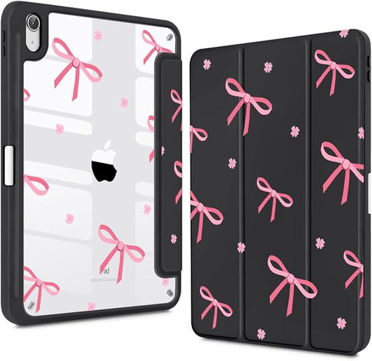 Teryeefi for iPad 11 inch (A16) 2025 11th Gen/iPad 10.9 inch 2022 10th Gen Built in Pencil Holder with Crystal Clear Back Cover Hard Shell with Auto Wake/Sleep &amp Stand Function Black Bows