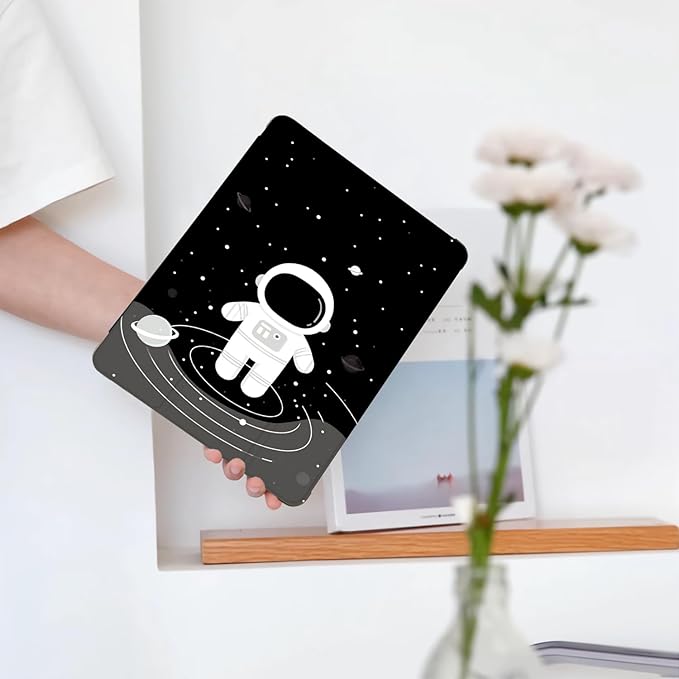 Cute Space Astronaut for iPad 5th/6th Generation Case with Pencil Holder Auto Sleep/Wake Black Leather Soft TPU Back Cover for iPad 9.7 Inch