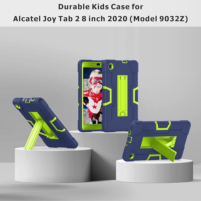 Case for for Alcatel Joy Tab 2 Tablet 8-inch 2020 Release (Model: 9032Z) - [Built-in Kickstand] Anti Slip Kids Friendly Shockproof Silicone Protective Cover (Navy Blue/Green)