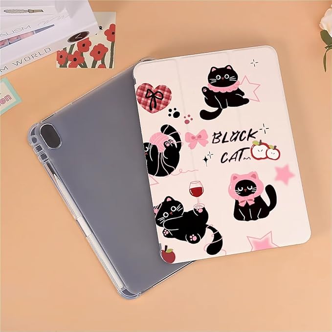 Cute Black Cats Pink Plaid Bows Case Compatible with iPad 9th 8th 7th Generation 10.9 Inch 2021/2019/2018Funny Cover with Trifold Stand + Pencil Holder for Boys GirlsiPad 10.9in 2022