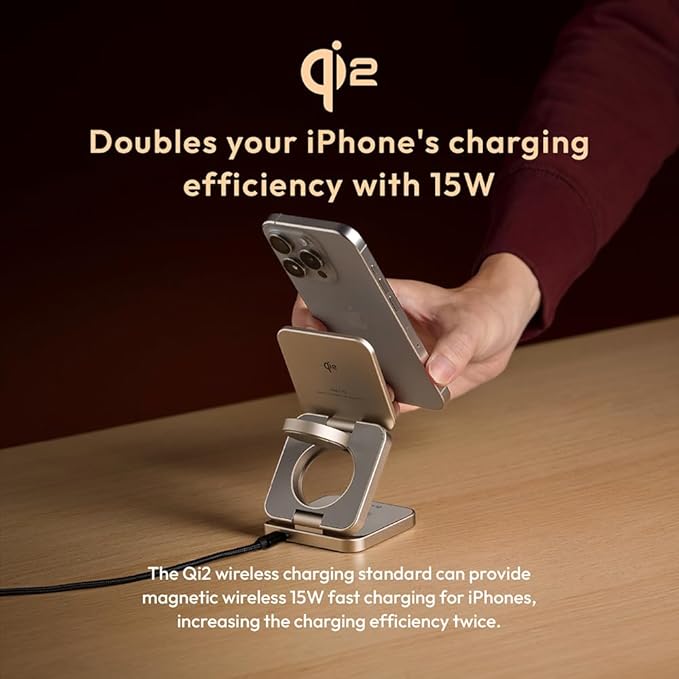 ADAM elements Mag 3 Pro Qi2 3-in-1 Foldable Travel Charging Station 15W Fast Wireless Charger for iPhone 17 16 15 14 13 12 Apple Watch &amp AirPods Compact Magnetic Dock for Desk &amp Travel (Tit