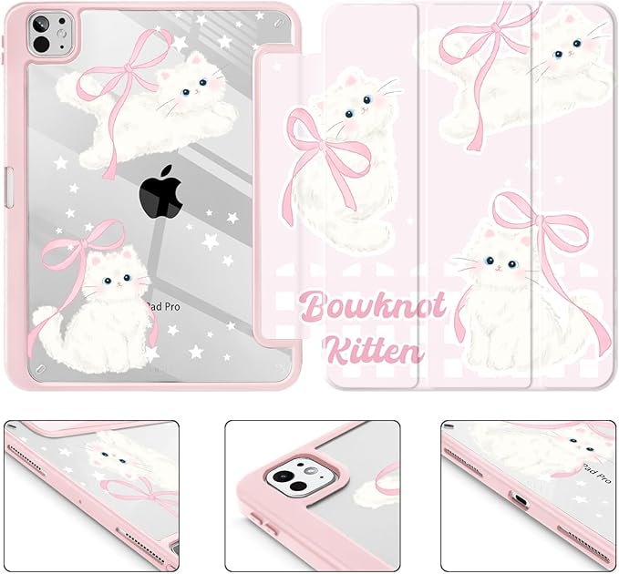 May Chen Case for iPad Pro 11-Inch M5/M4 2025/2024 (6th/5th Generation) Clear Transparent Print Back Shell Slim Stand Shockproof Tablet Cover Auto Wake/Sleep Bowknot Kitten