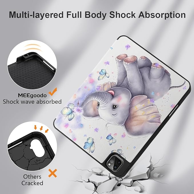 DONGKE Case for 2022/2021/2020/2018 iPad Pro 11 inch Gen 4/3/2/1 - Slim Protective Case - Built in Pencil Holder Support Charging - Trifold Stand &amp Sleep/Wake Cover - Elephant &amp Butterflies