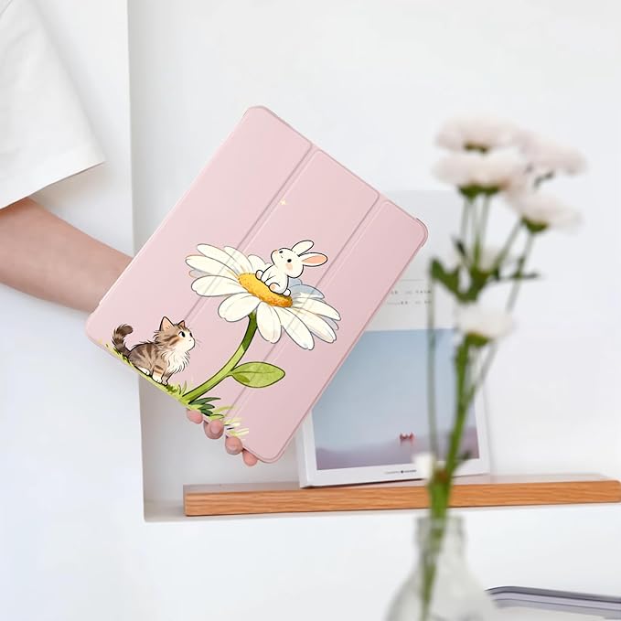 Cue Kitten Cat Bunny Flower for iPad (A16) 11th Generation Case 11 Inch 2025 for iPad 10th Gen Case 10.9 Inch 2022 with Pencil Holder Auto Sleep/Wake Pink Leather Soft TPU Back Cover
