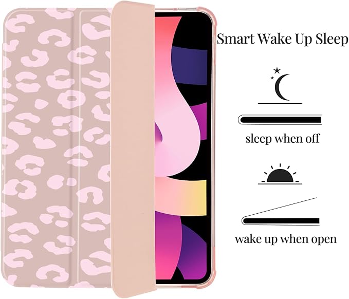 Pink Leopard Print Case for iPad Air 5/Air 4 10.9 Inch (2022/2020) Gen[Pencil Holder+Auto Sleep/Wake]Slim Trifold Stand Protective Cover with Soft TPU BackPink