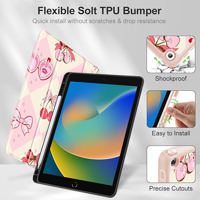 Mektron Designed Printed iPad 10.2 Case 9th Gen (2021)/ 8th Gen (2020)/ 7th Gen (2019) with Pencil Holder Slim Protective Case with Soft TPU Back for iPad 10.2 inch Cherry with Bows