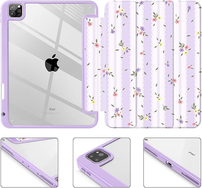 Mektron Case for iPad Pro 11 inch Case M2 2022 Generation 4th Fit 2021 2020 2018 iPad Pro 11 (3rd 2nd &amp 1st Gen) -Buit in Pencil Holder with Shockproof Cover Clear Shell Flowers &amp Adorable