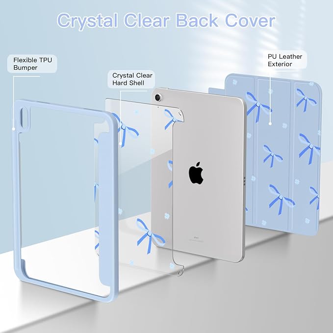 Teryeefi Case for iPad (A16) 11 inch 2025 &amp 10.9'' iPad 10th Generation 2022 3D Pattern Slim Lightweight Protective Cover with Stand Auto Wake/Sleep Function Clear PC +TPU Back Shell Blue Bow