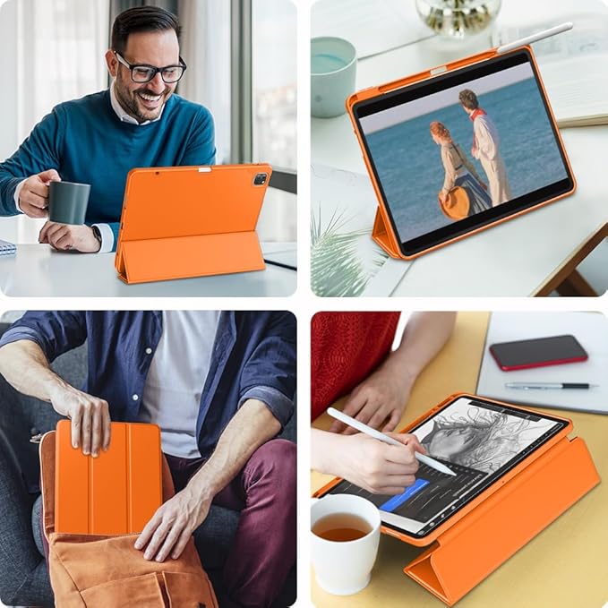 DTTO for iPad Air 13 Inch Case M4/M3/M2 2026/2025/2024 iPad Pro 12.9 Inch Case (6th/5th/4th/3rd Gen) Smart Slim Trifold Stand Soft Cover with Pencil Holder Orange