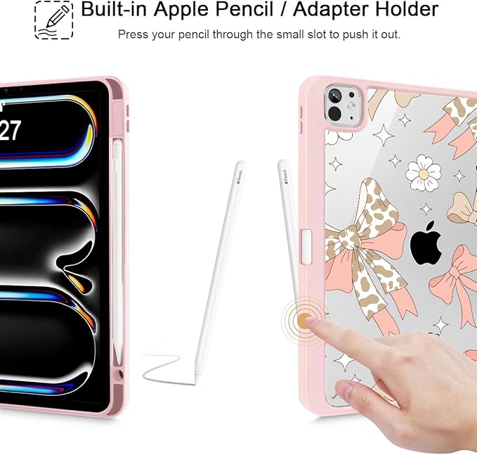 Tuiklol for iPad Pro 11 Inch (M5 2025 / M4 2024) Case Buit-in Pencil Holder with Slim Clear Back Cover Protection Trifold Stand-Auto Wake/Sleep Tablet Case Black Flower Leopard Bow Pink