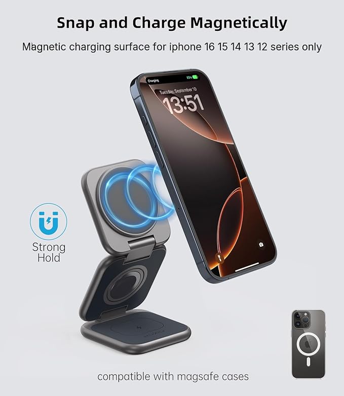 Foldable Magnetic Wireless Charger KU XIU X40 Plus Aluminum Alloy 3 in 1 Charging Station for Apple Fast Mag-Safe Charger for iPhone 17 16 15 14 13 Series 5W for iWatch AirPods 3/2/Pro Dark Gray