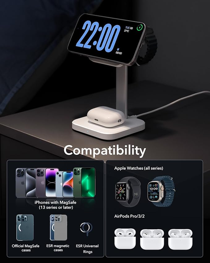 ESR for 3 in 1 Wireless Charging Station Certified Apple Watch Charger 15W MagSafe Charger Stand for iPhone Wireless Charger for Multiple Devices iPhone 17/16/15/14/13 Watch AirPods White