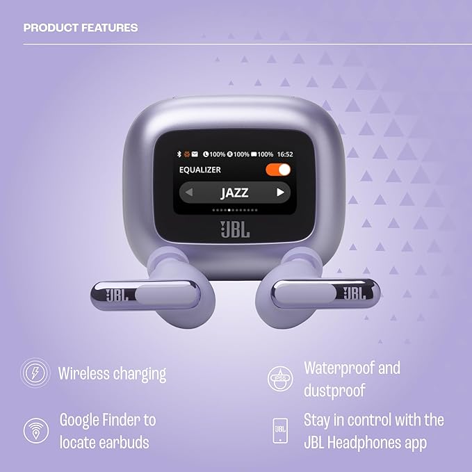 JBL Live Beam 3 - True wireless noise-cancelling stick-closed earbuds 48Hrs total playback Wireless Charging 6 Mics for perfect calls Multi-point connection IP55 waterproof and dustproof (Purple)