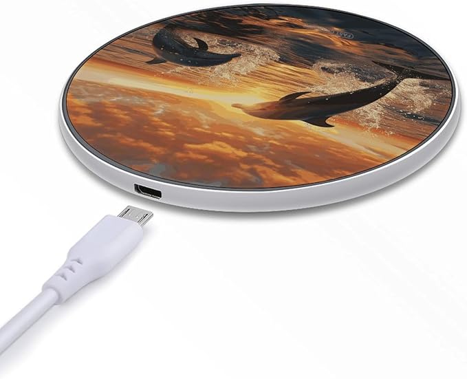 Dolphins Jumping Out of The Water at Sunset Wireless Charger Fast Wireless Charging Pad with USB Cable 10W Anti-Slip Magnetic Wireless Charger Portable Slim Charger Puck Travel Charging Station