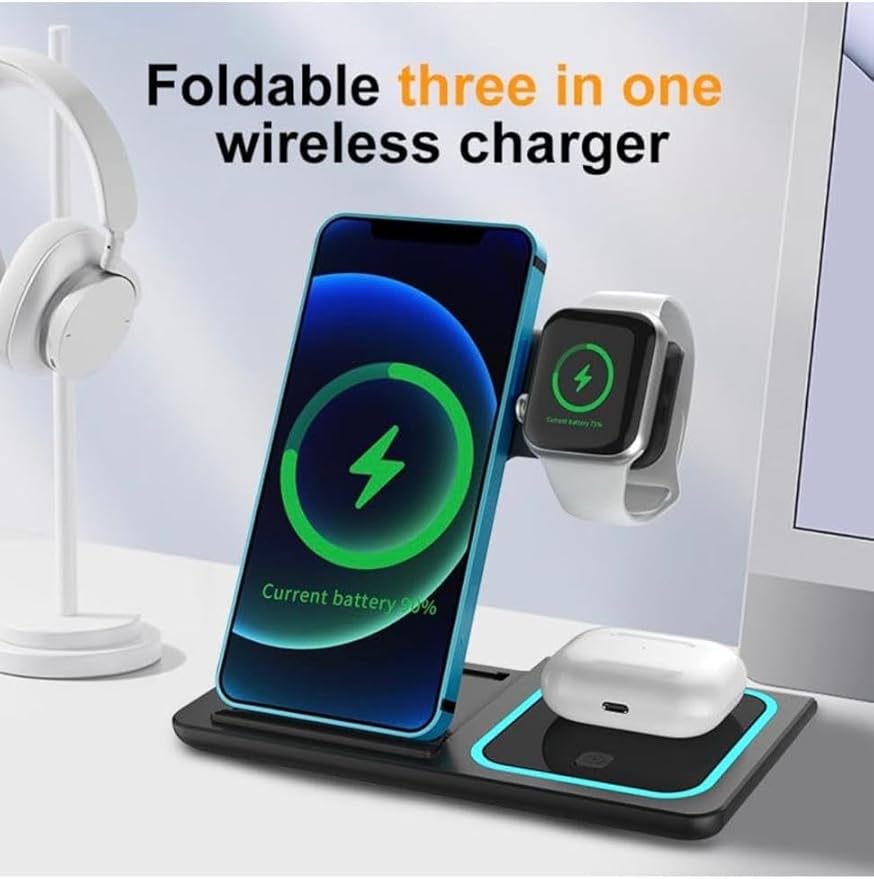 Aura Avenue 3 in 1 Magnetic Wireless Charger 15W | Fast Charging Station for Mobile Earphones &amp Smartwatch | Foldable ABS+PC Charging Stand with Night Light
