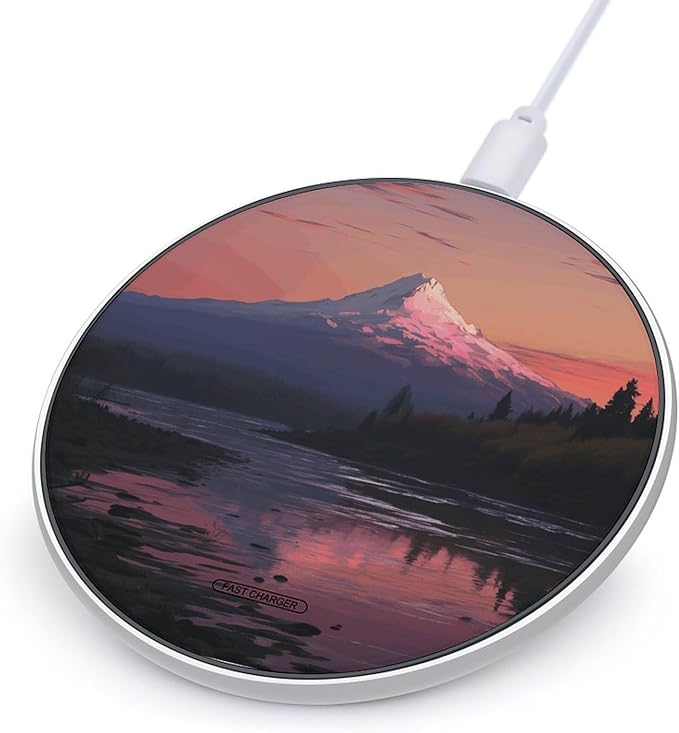 Sunset Landscape Mountains Lake Wireless Charger Fast Wireless Charging Pad with USB Cable 10W Anti-Slip Magnetic Wireless Charger Portable Slim Charger Puck Travel Charging Station