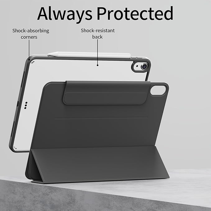 for iPad (A16) 11th Generation 11 Inch 2025/ 10th Generation 10.9 Inch 2022 Hybrid Case with Pencil Holder | Detachable Magnetic Cover | Portrait/Landscape Stand | Clear Hard Back Black