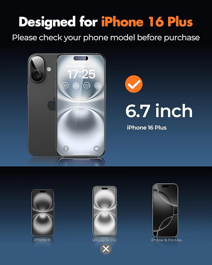 UNBREAKcable iPhone 16 Plus Screen Protector 3-Pack 3 Tempered Glass + 3 Camera Lens Protectors 9H Hardness HD Clarity Anti-Fingerprint Case Friendly 6.7 Inch