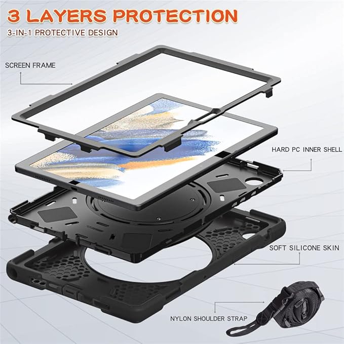 360 Rotation Case for Galaxy Tab A8 10.5 Sturdy Cover Rotate Ring Stand Shoulder Carrying Strap Hand Strap Rugged Children Adults Outdoor Case Black
