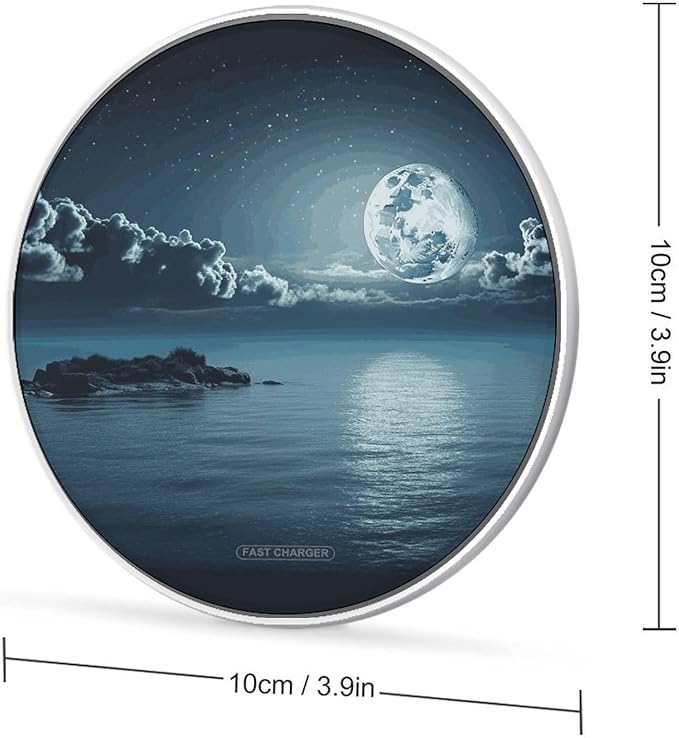 Moon Ocean Landscape Wireless Charger Fast Wireless Charging Pad with USB Cable 10W Anti-Slip Magnetic Wireless Charger Portable Slim Charger Puck Travel Charging Station