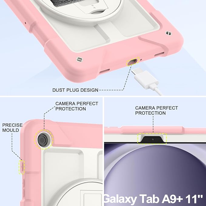 BMOUO for Samsung Galaxy Tab A9+/A9 Plus Case 11 2023 (SM-X210/X216/X218) Shockproof Galaxy Tab A9 Plus Case with Rotating Stand and Hand/Shoulder Strap Pink
