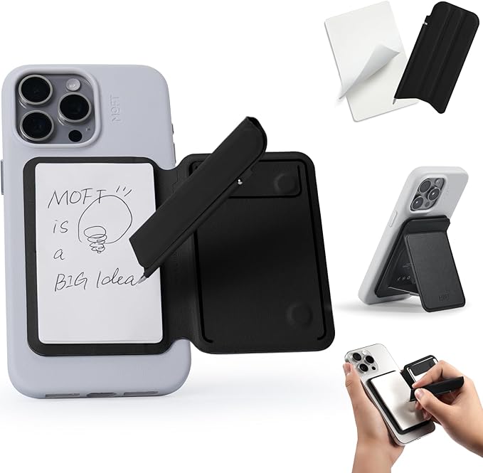 MOFT Action Inspiration MagSafe Phone Stand Magnetic Notepad Stand Compatible with iPhone 16 Series and Other Phones with Two Types of Notepad and Magnetic Invisible Pen Jet Black + Jet Black