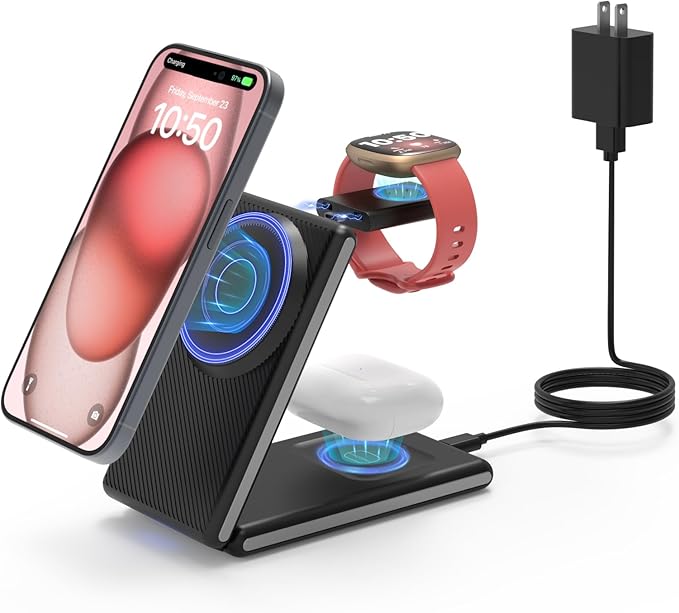 GEEKERA 3 in 1 Magnetic Wireless Charging Station for Fitbit Watch Foldable Wireless Charger Stand for iPhone 16/15/14/13/12 Pro Max Fitbit Watch Versa 4/Versa 3/Sense 2/Sense AirPods 3/2/Pro