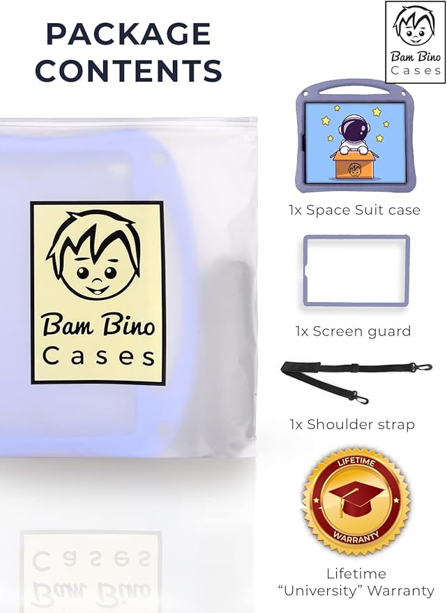 Bam Bino Space Suit Kids Case for iPad Pro 12.9 3rd/4th/5th/6th Generation (2018-2022) Models [Not for iPad Pro 12.9 1st/2nd Gen] Screen Guard Handle Shoulder Strap Pencil Holder (Nebula Violet)