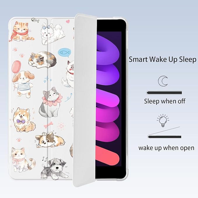 Cute Kawaii Puppy Kitten for iPad Pro 13 Inch Case (M5/M4) 2025/2024 with Pencil Holder Auto Sleep/Wake White Leather Soft TPU Back Cover
