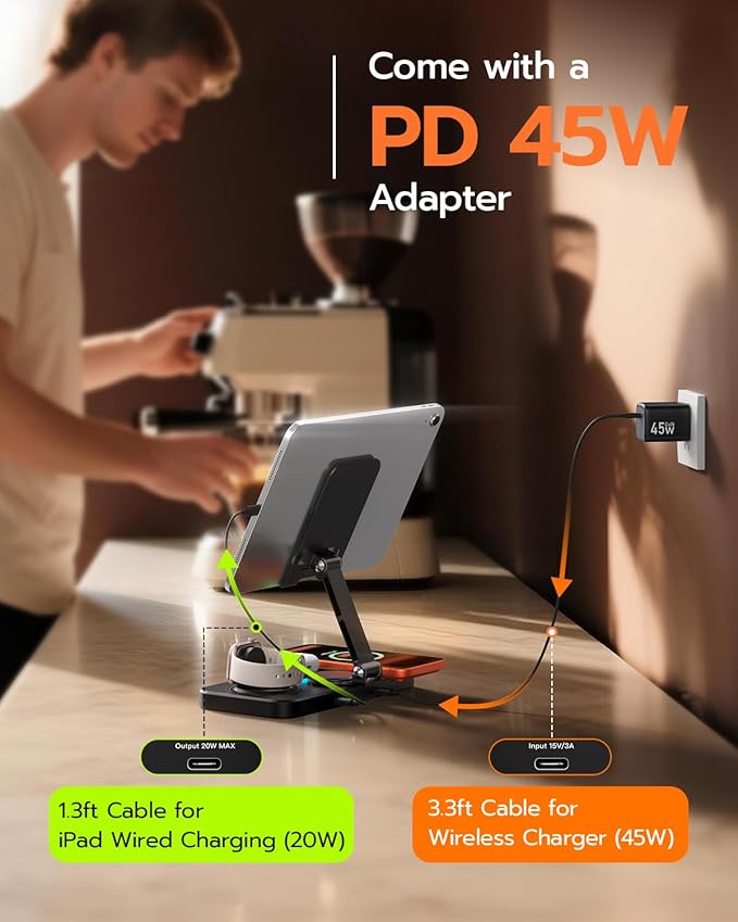 45W 6 in 1 Charging Station for Apple Multiple Devices with Clock &amp Light 20W Fast Foldable Wired Charging Stand for iPad/Tab Wireless Charger Design for MagSafe Charger for iPhone 17/iWatch/Air