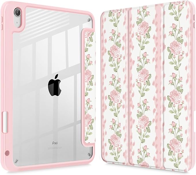 Case for iPad 11 inch A16 2025 Generation 11th / iPad 10.9 inch 2022 10th Gen Buit in Pencil Holder with Shockproof Cover Clear Transparent Back Shell Auto Wake/Sleep Exquisite Rose