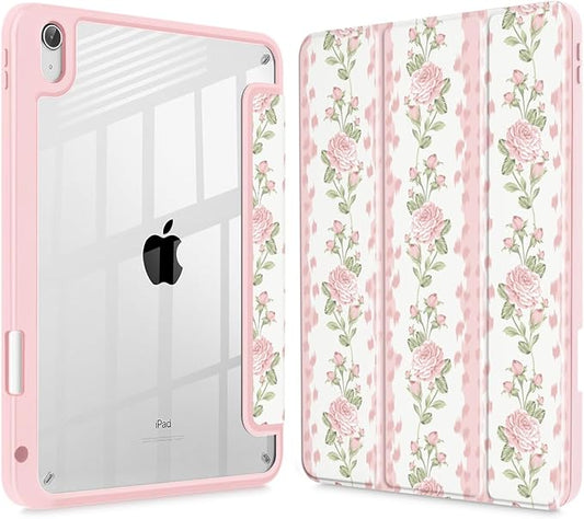 Case for iPad 11 inch A16 2025 Generation 11th / iPad 10.9 inch 2022 10th Gen Buit in Pencil Holder with Shockproof Cover Clear Transparent Back Shell Auto Wake/Sleep Exquisite Rose