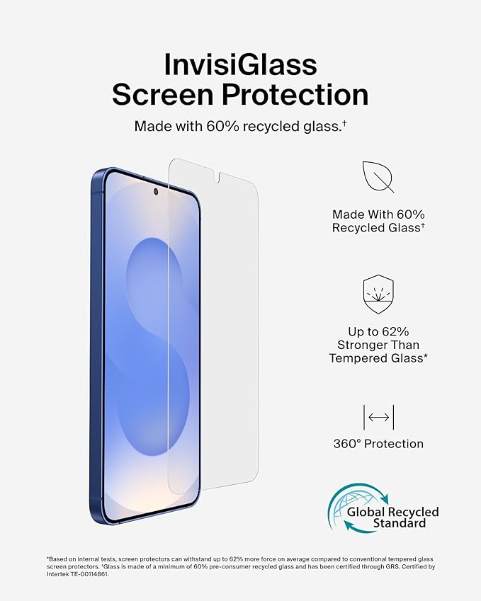 Belkin ScreenForce InvisiGlass Treated Screen Protector for Samsung Galaxy S25+ 9H Hardness Scratch-Resistant Impact Protection w/Align Tray for Easy Application - Made with Recycled Glass