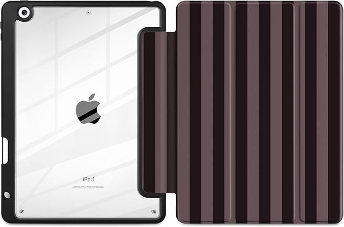 DONGKE for iPad 9th/8th/7th Generation Case 10.2 Inch (2021/2020/2019) [Auto Sleep/Wake &amp Pencil Holder] Clear Acrylic Back Trifold Stand Cover Brown Stripes