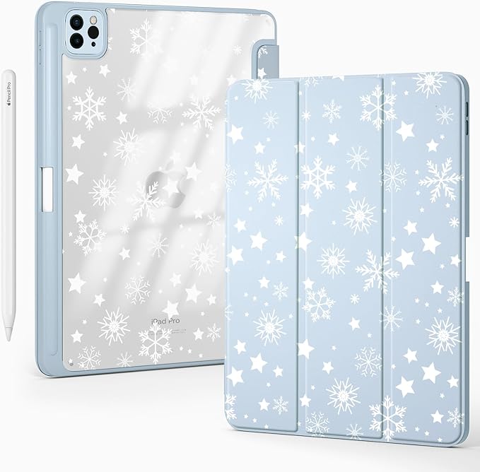 Cute Winter Snowflake for iPad mini 7 A17 Pro 2024/iPad Mini 6 Case with Pencil Holder Auto Sleep/Wake Blue Leather Clear Acrylic Back Cover