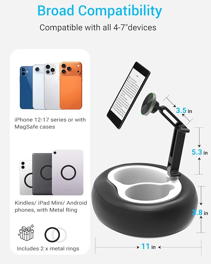 Magnetic Cell Phone Leather Pillow Stand 【Stain-Resistant】 Kindle Pillow Holder with 2 Snack Bowl Adjustable Smartphone Holder for Lap/Bed/Sofa Fit 4-7 iPhone Kindle E-Reader iPad mini
