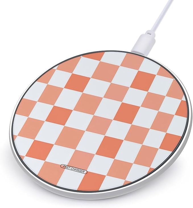Peach White Checkered Plaid Pattern Phone Charger Magnetic Charging Pad Anti-Slip with USB Cable