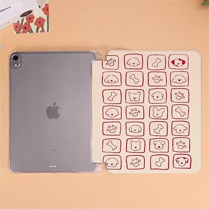 Dog Paw in Pink Checkerboard Case Compatible with IPad 9th 8th 7th Generation 10.9 Inch 2021-2018Funny Cover with Trifold Stand+Pencil Holder for Boys GirlsiPad Air6 11inch 2024