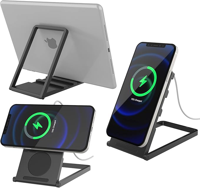 Punkcase Universal Magnetic Desk Stand for Phones Tablets and E-Readers | Compact &amp Sturdy Metal Design | 360 Degree Foldable | Works with All Devices up to 11 inches [Black]