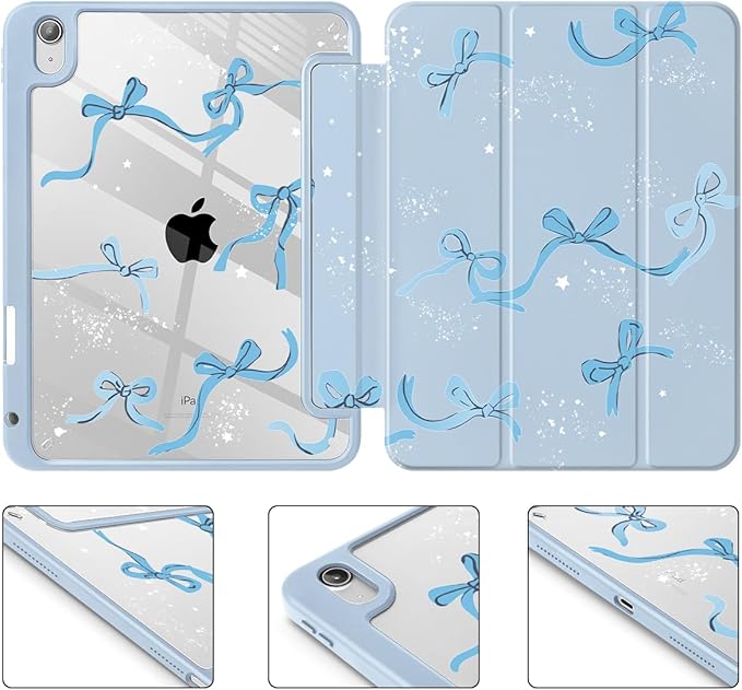 Tuiklol Case for iPad 11 inch (A16 Chip) 2025 Generation 11th / iPad 10.9 inch 2022 10th Gen Buit in Pencil Holder with Shockproof Cover Clear Transparent Back Shell Auto Wake/Sleep Bow-Blue