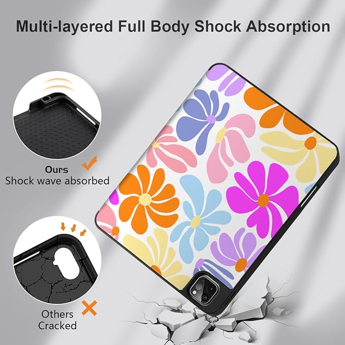 DONGKE Case for 2022/2021/2020/2018 iPad Pro 11 inch Gen 4/3/2/1 - Slim Protective Case - Built in Pencil Holder Support Charging - Trifold Stand &amp Sleep/Wake Cover - Retro Flowers