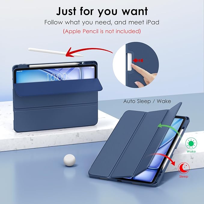 DTTO for iPad Air 13 Inch Case M4/M3/M2 2026/2025/2024 iPad Pro 12.9 Inch Case (6th/5th/4th/3rd Gen) Smart Slim Trifold Stand Soft Cover with Pencil Holder Navy Blue