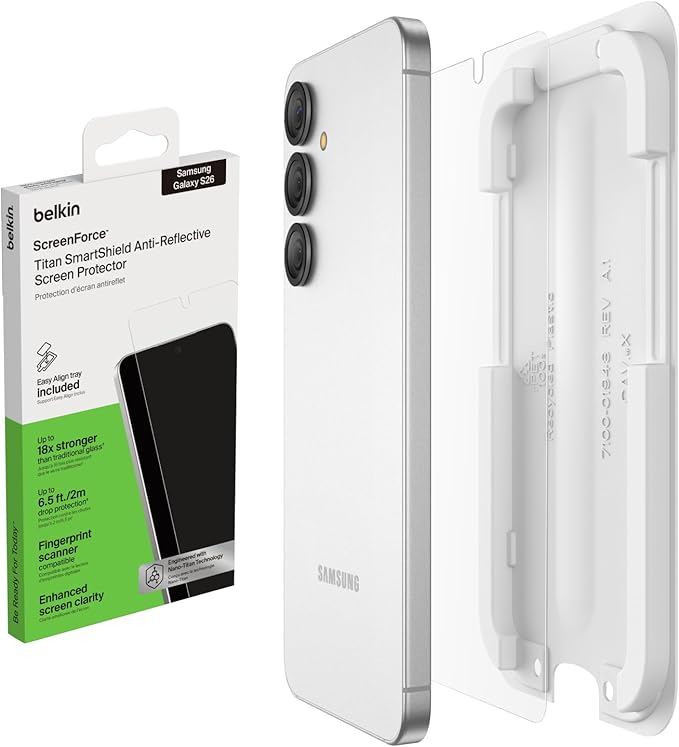 Belkin Titan SmartShield Anti-Reflective Screen Protector for Samsung Galaxy S26 Scratch Resistant Impact Protection Anti-Fingerprint Ultra-Thin w/Easy Align Tray for Bubble Free Application